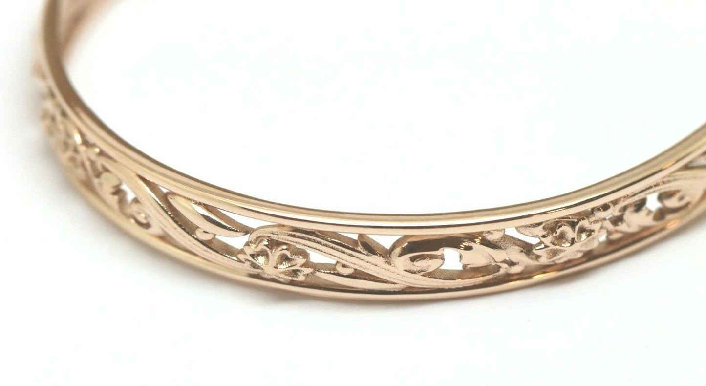 Genuine Heavy 9ct Yellow, Rose or White Gold Filigree Heavy Oval Flower Bangle 70mm x 60mm
