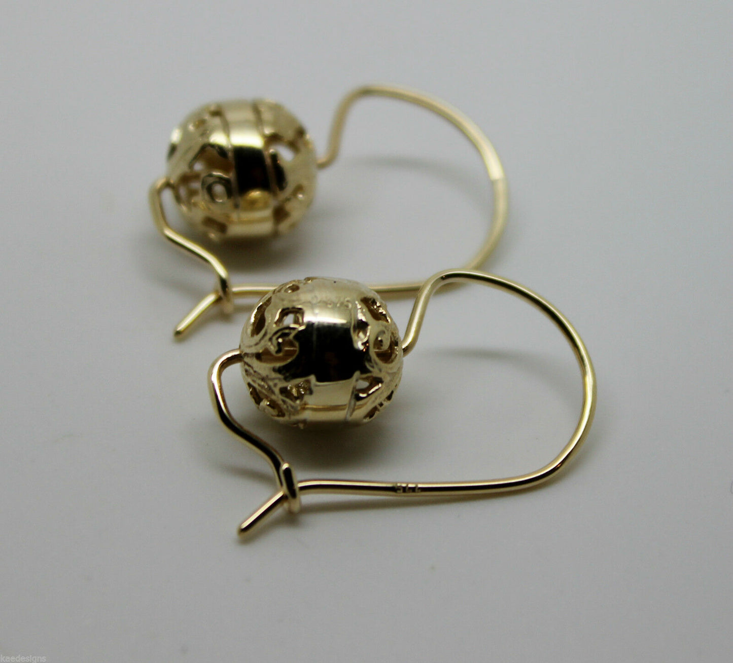 Kaedesigns 9ct Yellow, Rose or White Gold 8mm Euro Ball Drop Filigree Earrings