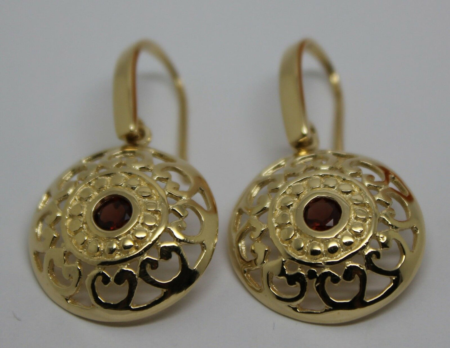 Genuine Heavy 9ct Solid Yellow, Rose or White Gold Antique Red Garnet Filigree Drop Earrings