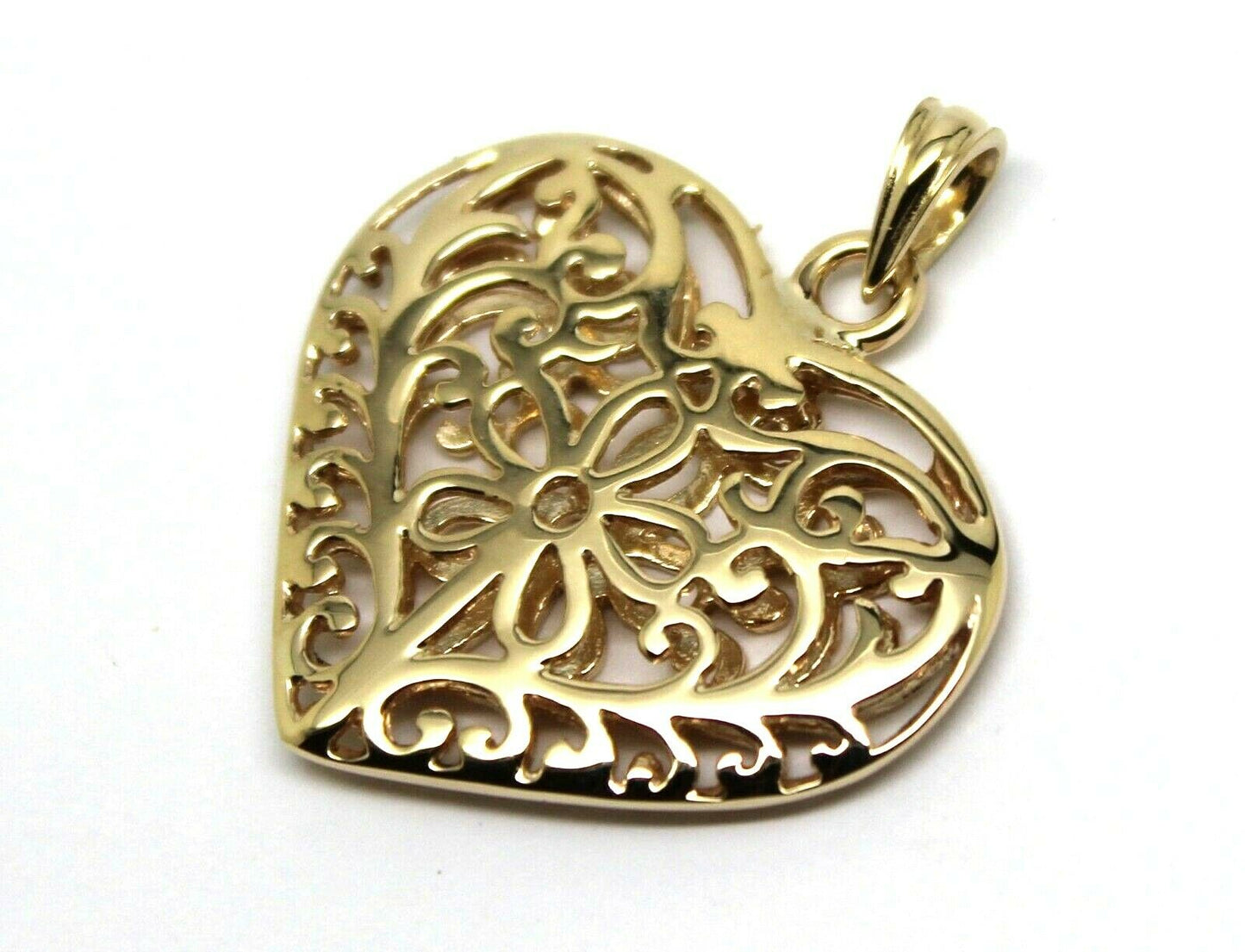 Kaedesigns Genuine 9ct Large Yellow, Rose or White Gold Filigree Flower Double Sided Heart Pendant