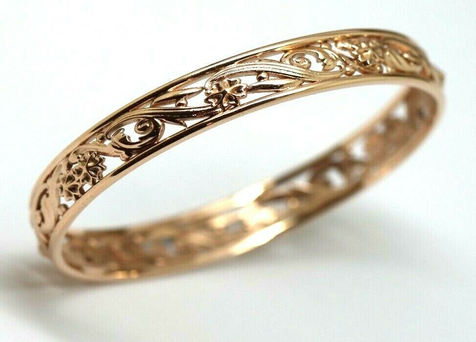Genuine Heavy 9ct Yellow, Rose or White Gold Filigree Heavy Oval Flower Bangle 70mm x 60mm