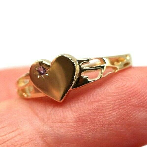 Genuine 9ct Yellow, Rose or White Gold 375 Amethyst (Birthstone Of February) Etched Heart Signet Ring