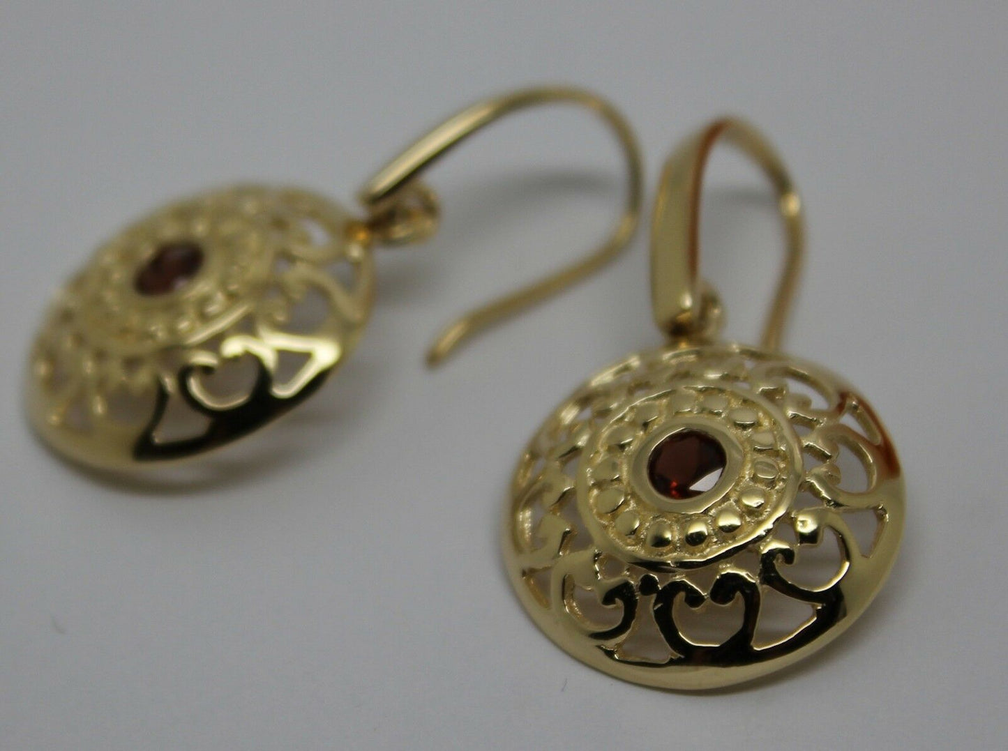 Genuine Heavy 9ct Solid Yellow, Rose or White Gold Antique Red Garnet Filigree Drop Earrings
