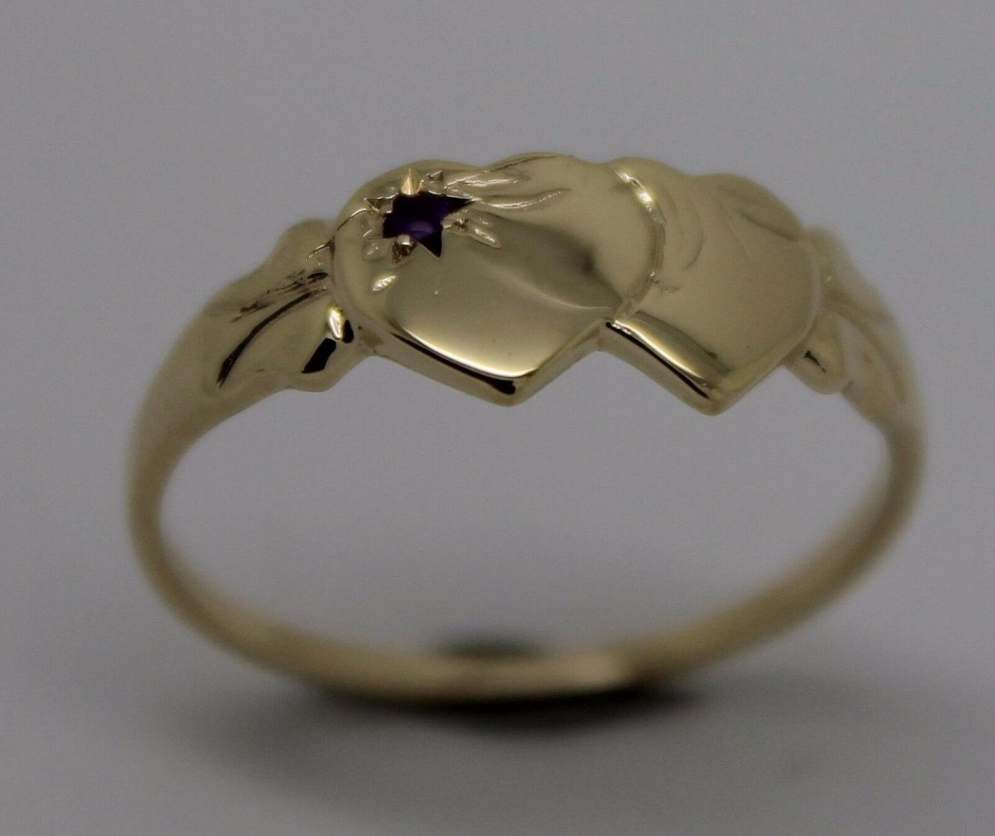 Genuine 9ct Yellow Gold 375 Amethyst (Birthstone Of February) Double Heart Signet Ring