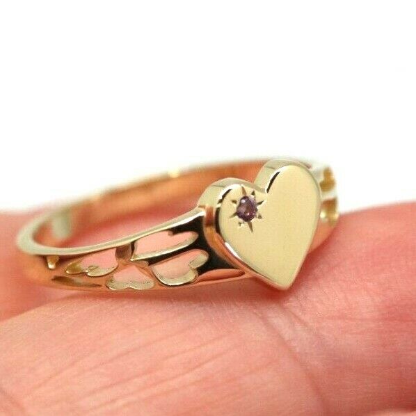 Genuine 9ct Yellow, Rose or White Gold 375 Amethyst (Birthstone Of February) Etched Heart Signet Ring