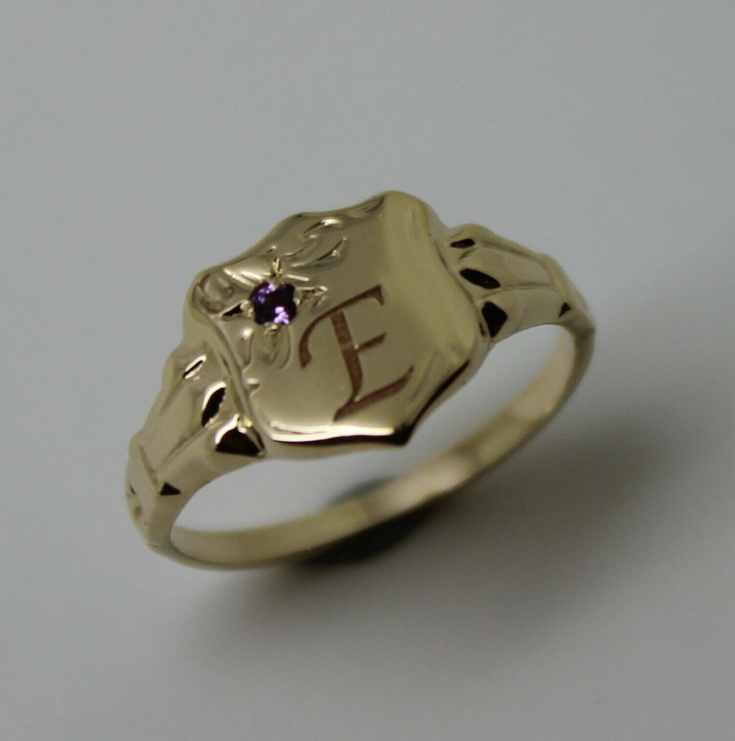 Genuine 9ct Small Yellow Gold Amethyst Shield Signet Ring + Engraving Of One Initial - Choose your size