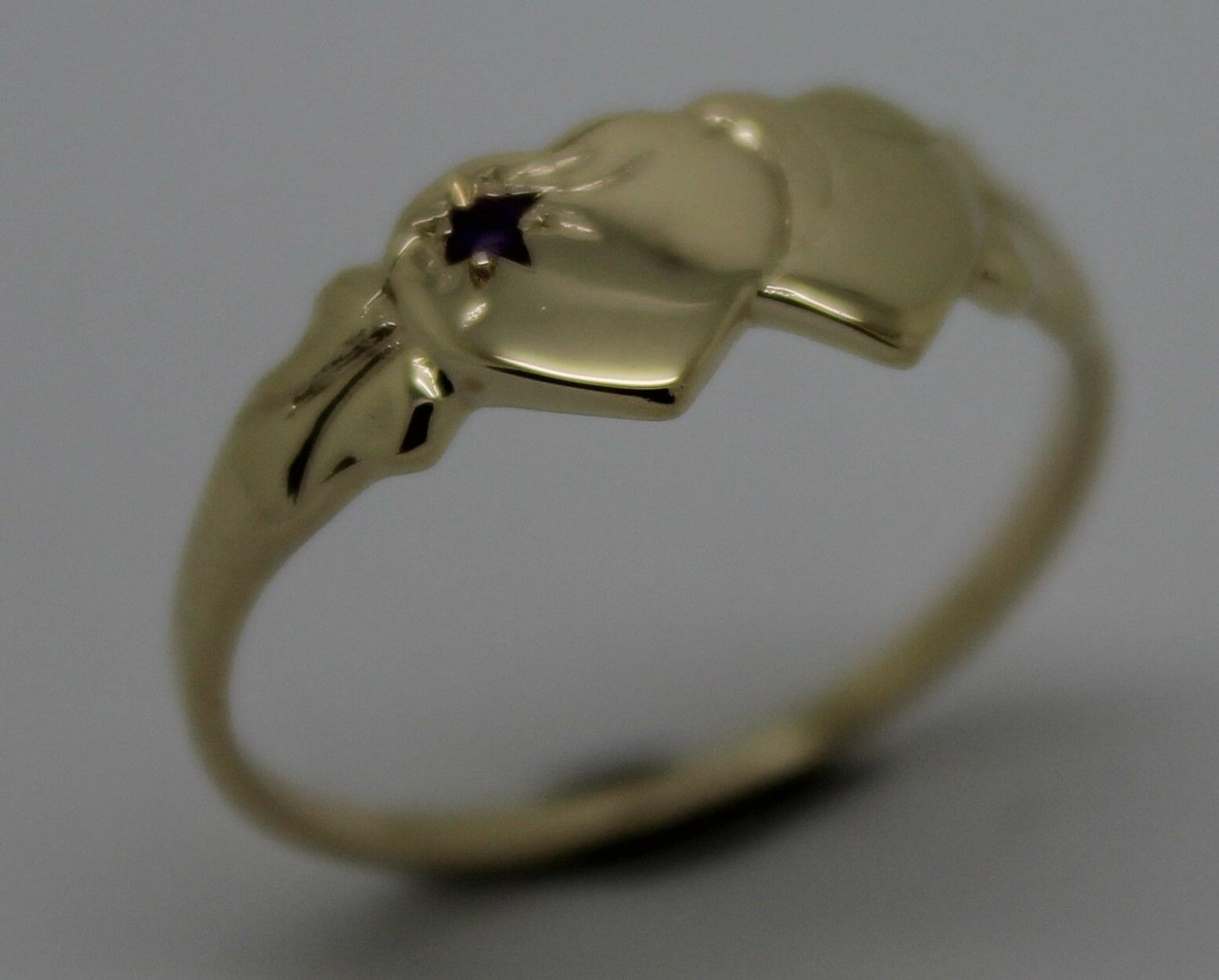 Genuine 9ct Yellow Gold 375 Amethyst (Birthstone Of February) Double Heart Signet Ring