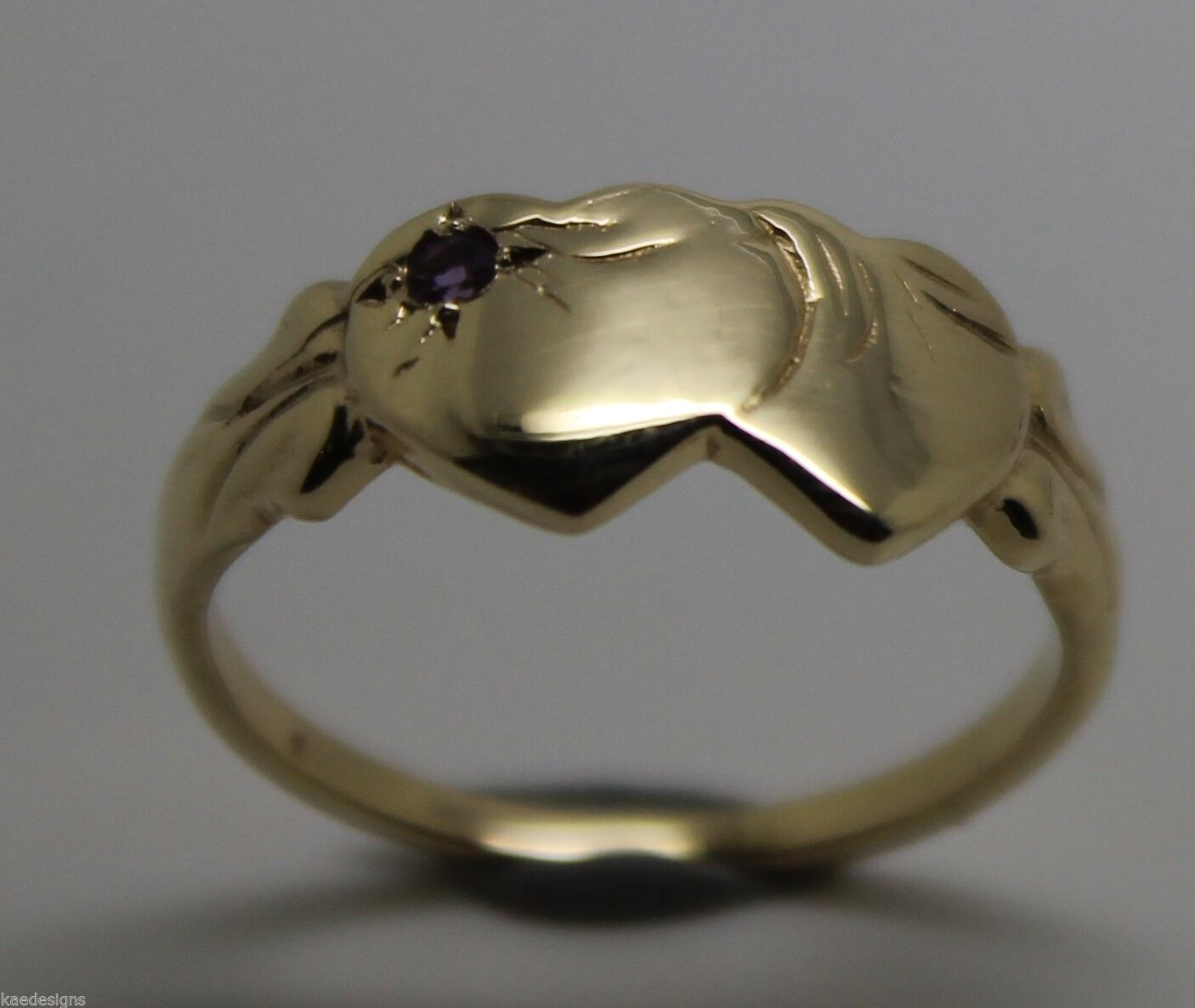 Genuine 9ct Yellow Gold 375 Amethyst (Birthstone Of February) Double Heart Signet Ring