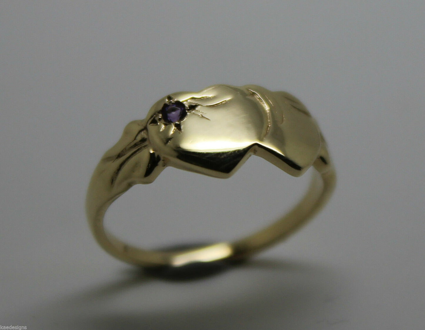 Genuine 9ct Yellow Gold 375 Amethyst (Birthstone Of February) Double Heart Signet Ring