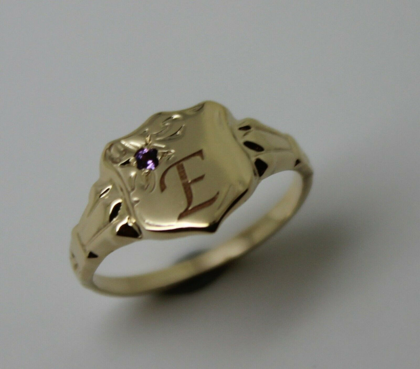 Genuine 9ct Small Yellow Gold Amethyst Shield Signet Ring + Engraving Of One Initial - Choose your size