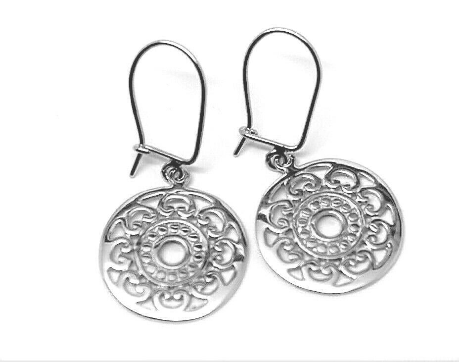 Genuine Sterling Silver 925 Flat Filigree Drop Round Closed Hooks Earrings