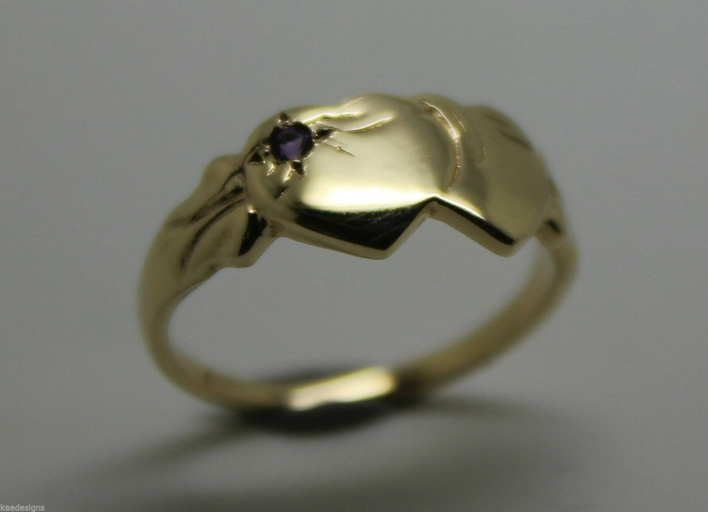 Genuine 9ct Yellow Gold 375 Amethyst (Birthstone Of February) Double Heart Signet Ring