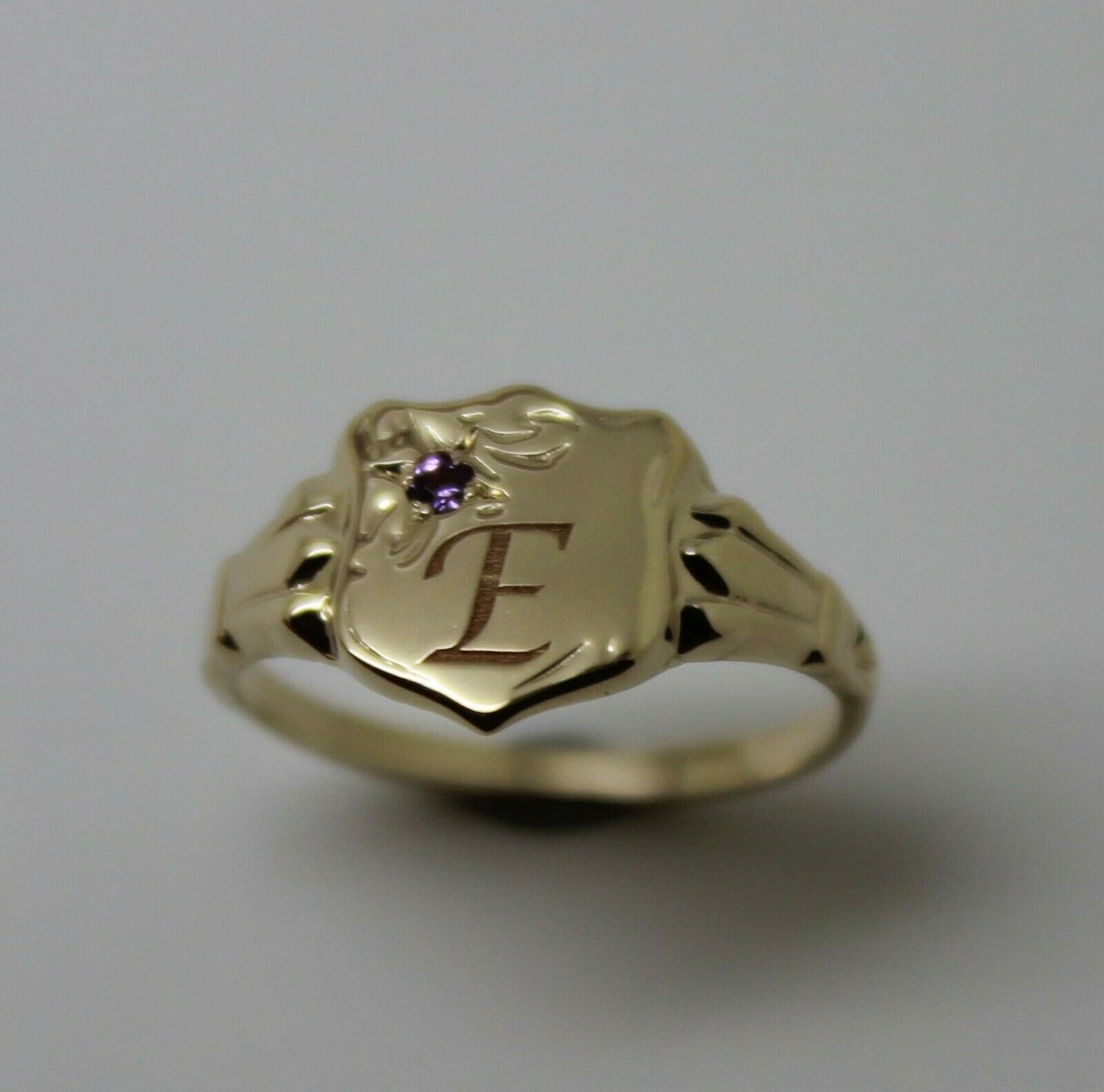 Genuine 9ct Small Yellow Gold Amethyst Shield Signet Ring + Engraving Of One Initial - Choose your size
