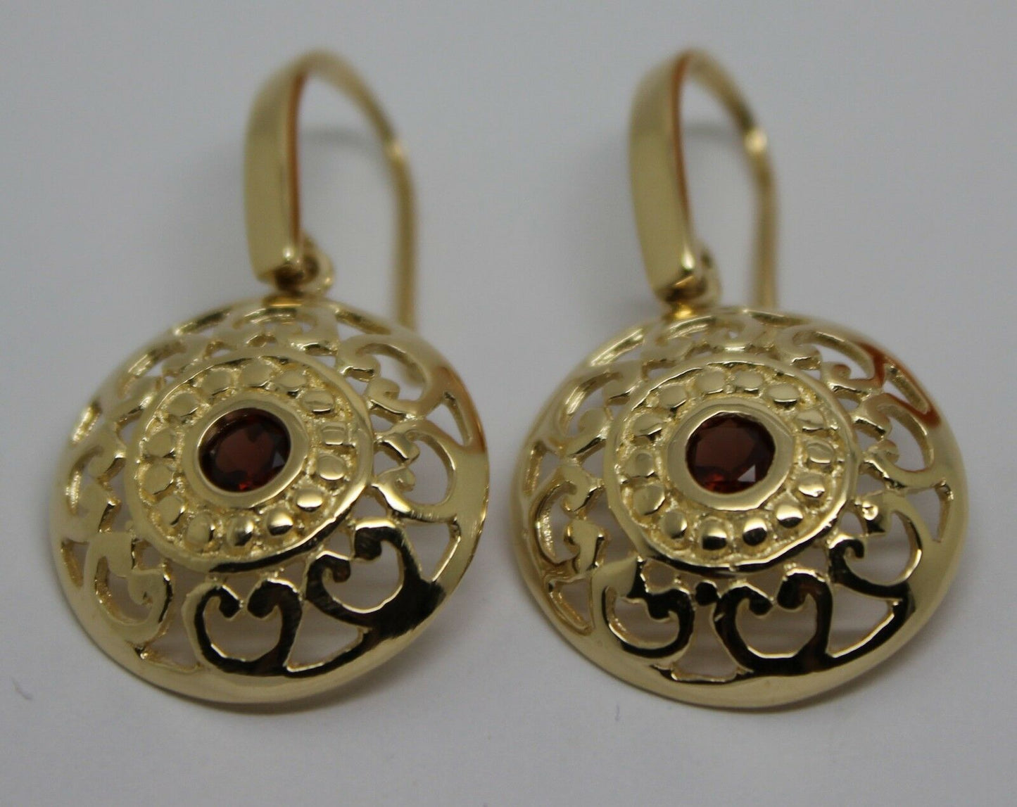 Genuine Heavy 9ct Solid Yellow, Rose or White Gold Antique Red Garnet Filigree Drop Earrings