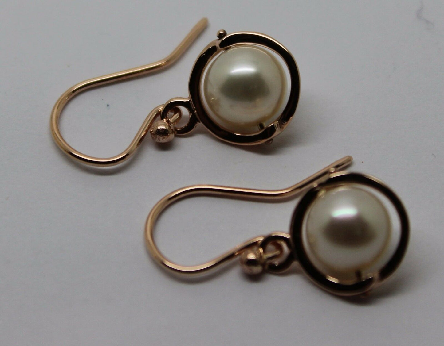 Kaedesigns, New Genuine 9ct Yellow, Rose or White Gold 7.6mm White Pearl Belcher Hook Earrings