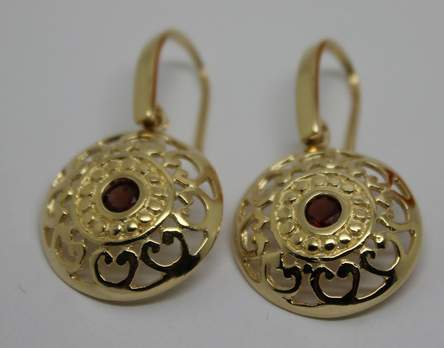 Genuine Heavy 9ct Solid Yellow, Rose or White Gold Antique Red Garnet Filigree Drop Earrings