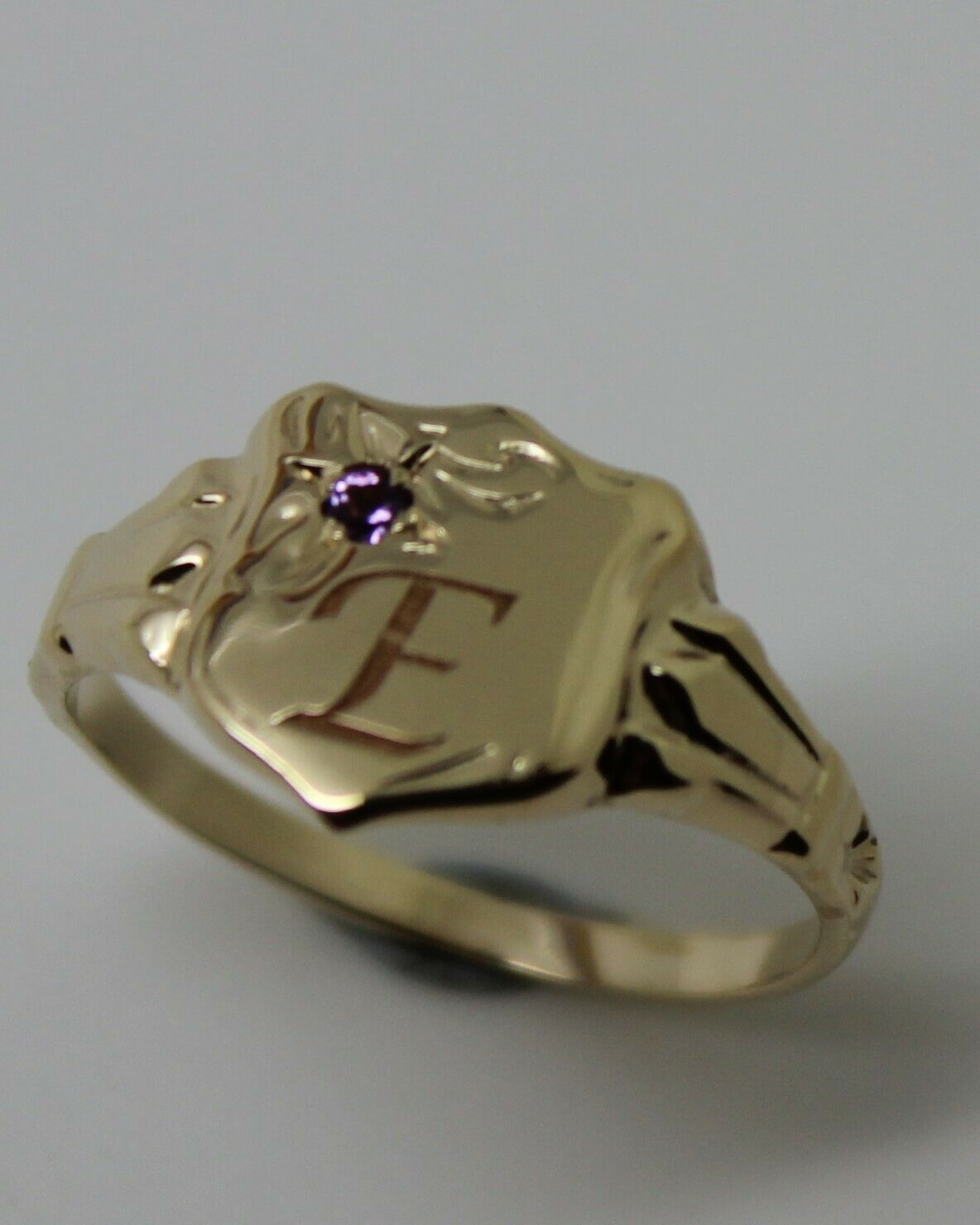 Genuine 9ct Small Yellow Gold Amethyst Shield Signet Ring + Engraving Of One Initial - Choose your size