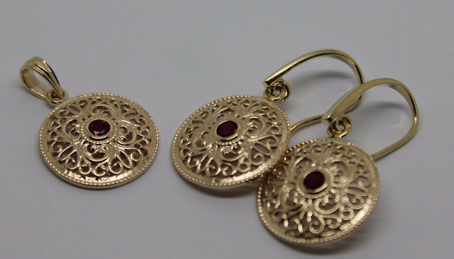 Kaedesigns Genuine 9K 9ct Yellow, Rose or White Gold Filigree Ruby Pendant & Earrings Set