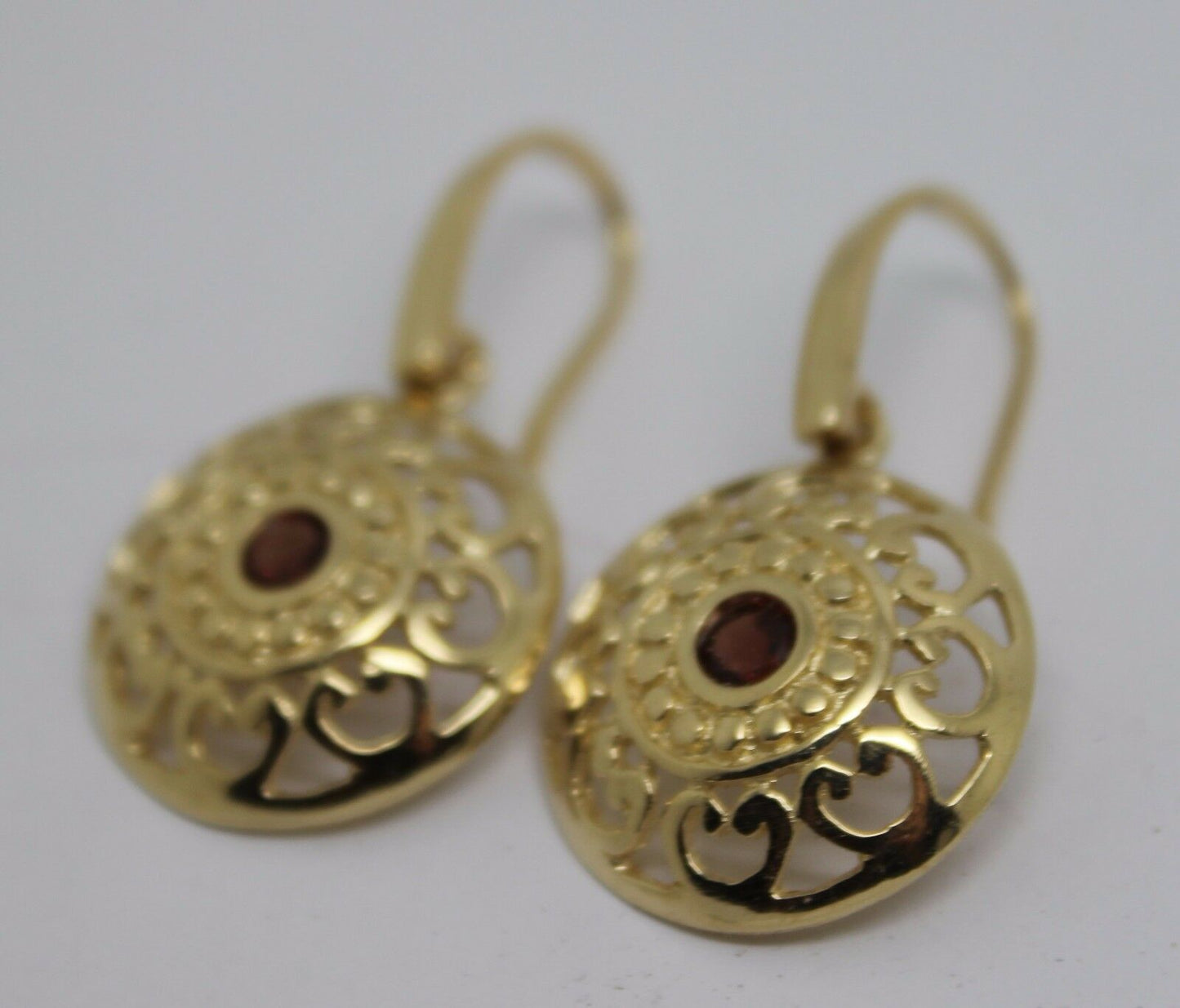 Genuine Heavy 9ct Solid Yellow, Rose or White Gold Antique Red Garnet Filigree Drop Earrings
