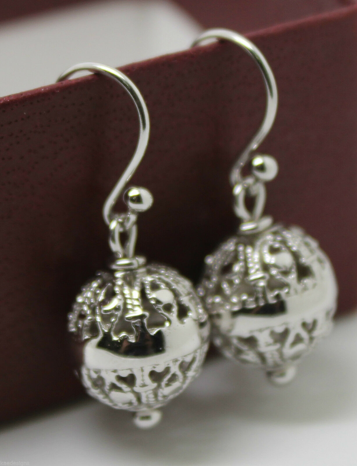 Kaedesigns Genuine 9kt 9ct 375 Yellow, Rose or White Gold 12mm Euro Ball Drop Filigree Earrings