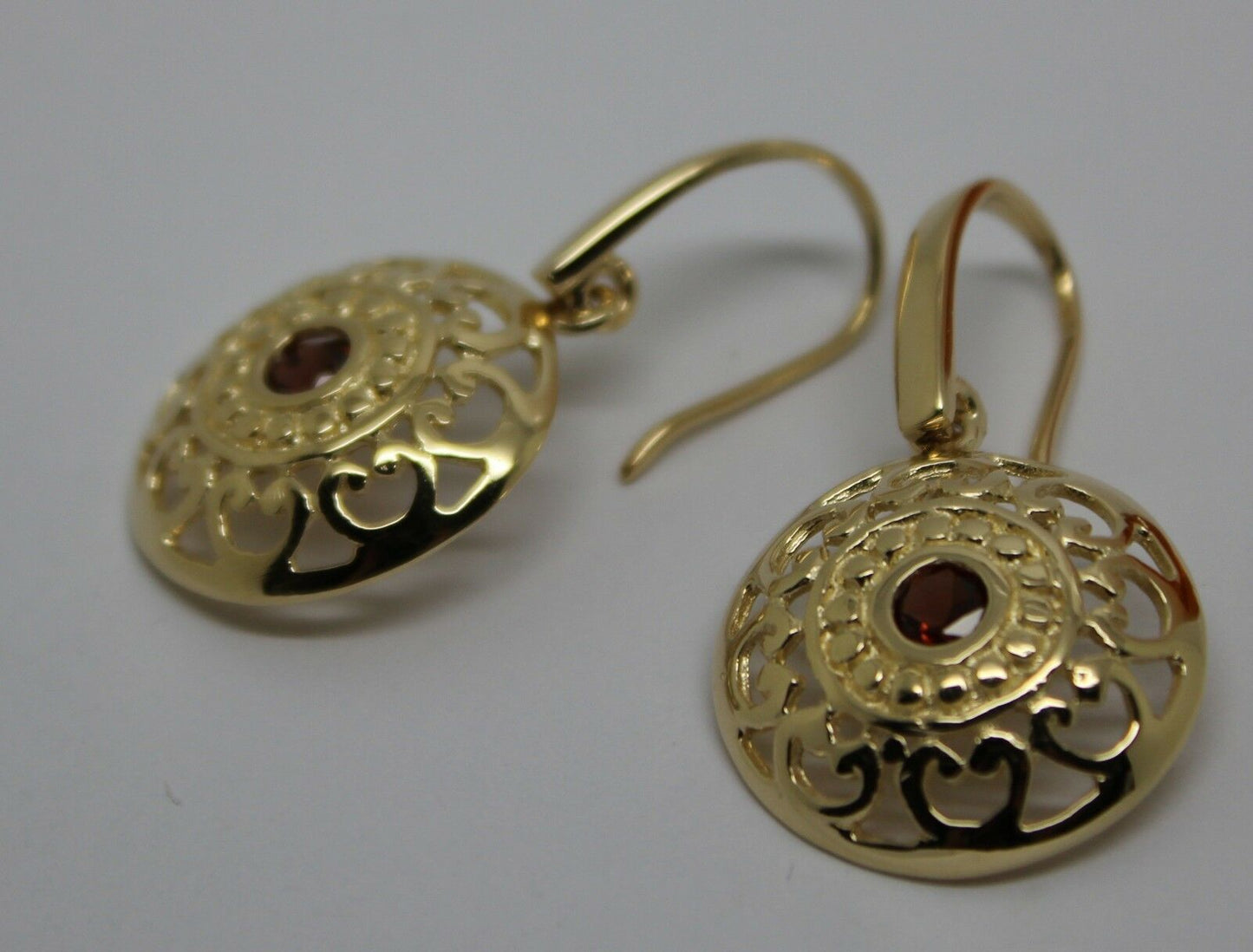 Genuine Heavy 9ct Solid Yellow, Rose or White Gold Antique Red Garnet Filigree Drop Earrings