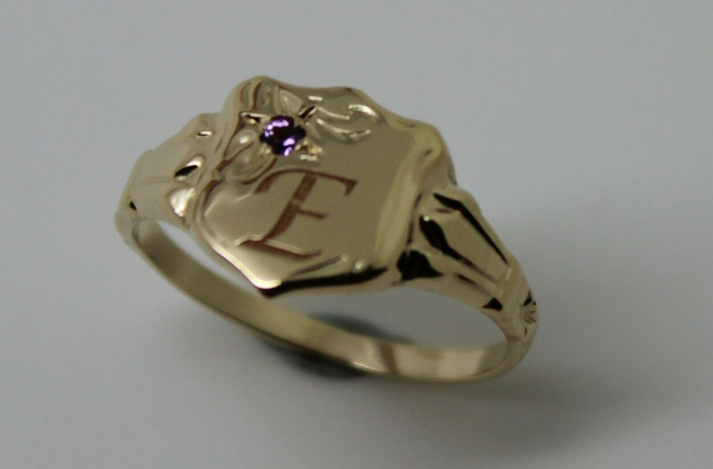 Genuine 9ct Small Yellow Gold Amethyst Shield Signet Ring + Engraving Of One Initial - Choose your size