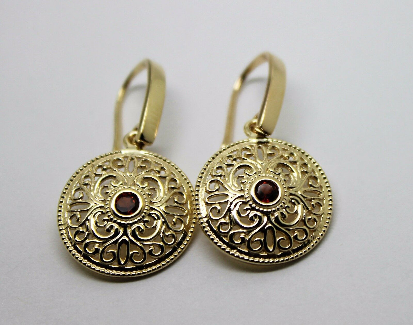 Kaedesigns 9ct Solid Yellow, Rose or White Gold Antique Red Garnet Filigree Drop Earrings