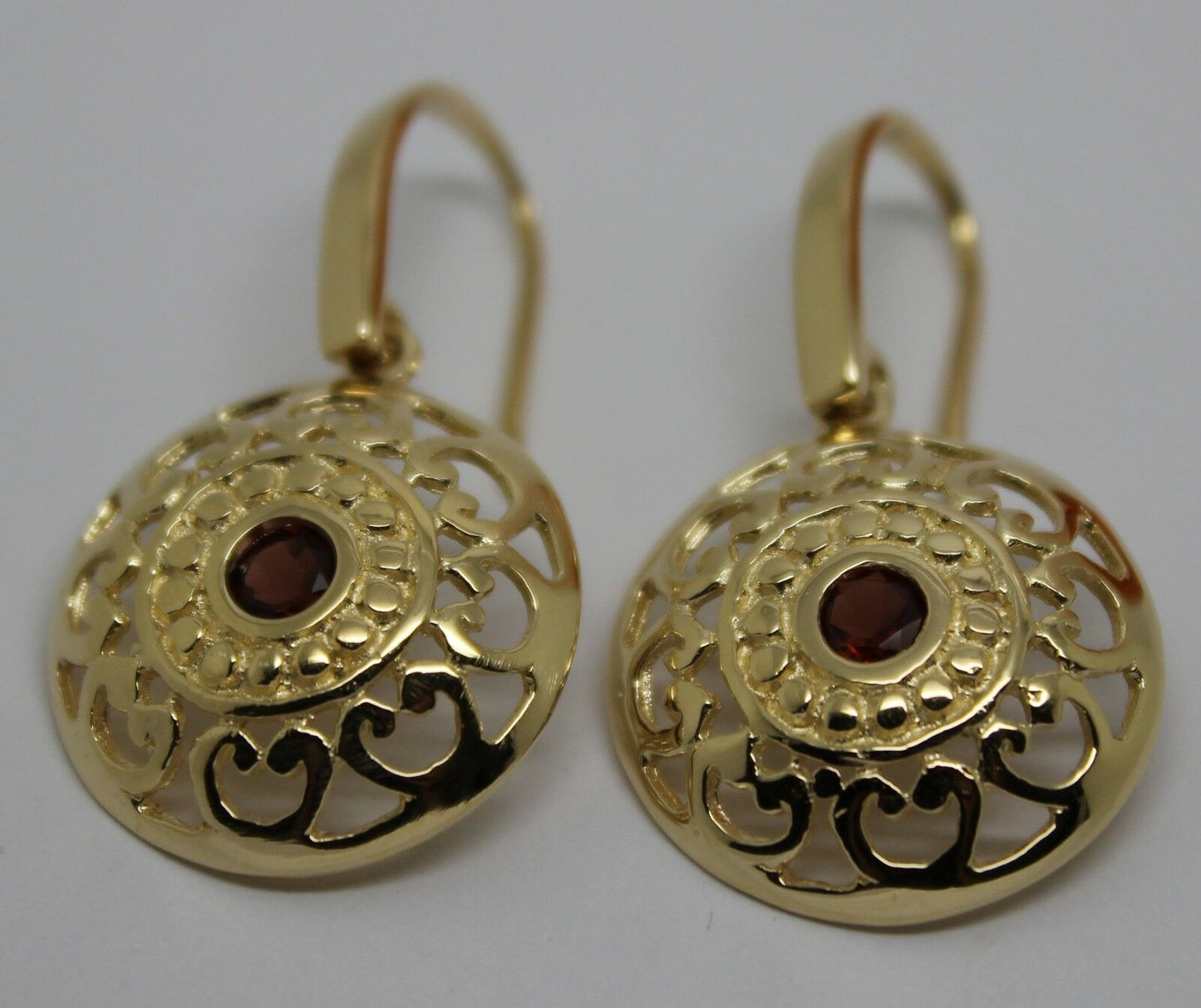 Genuine Heavy 9ct Solid Yellow, Rose or White Gold Antique Red Garnet Filigree Drop Earrings