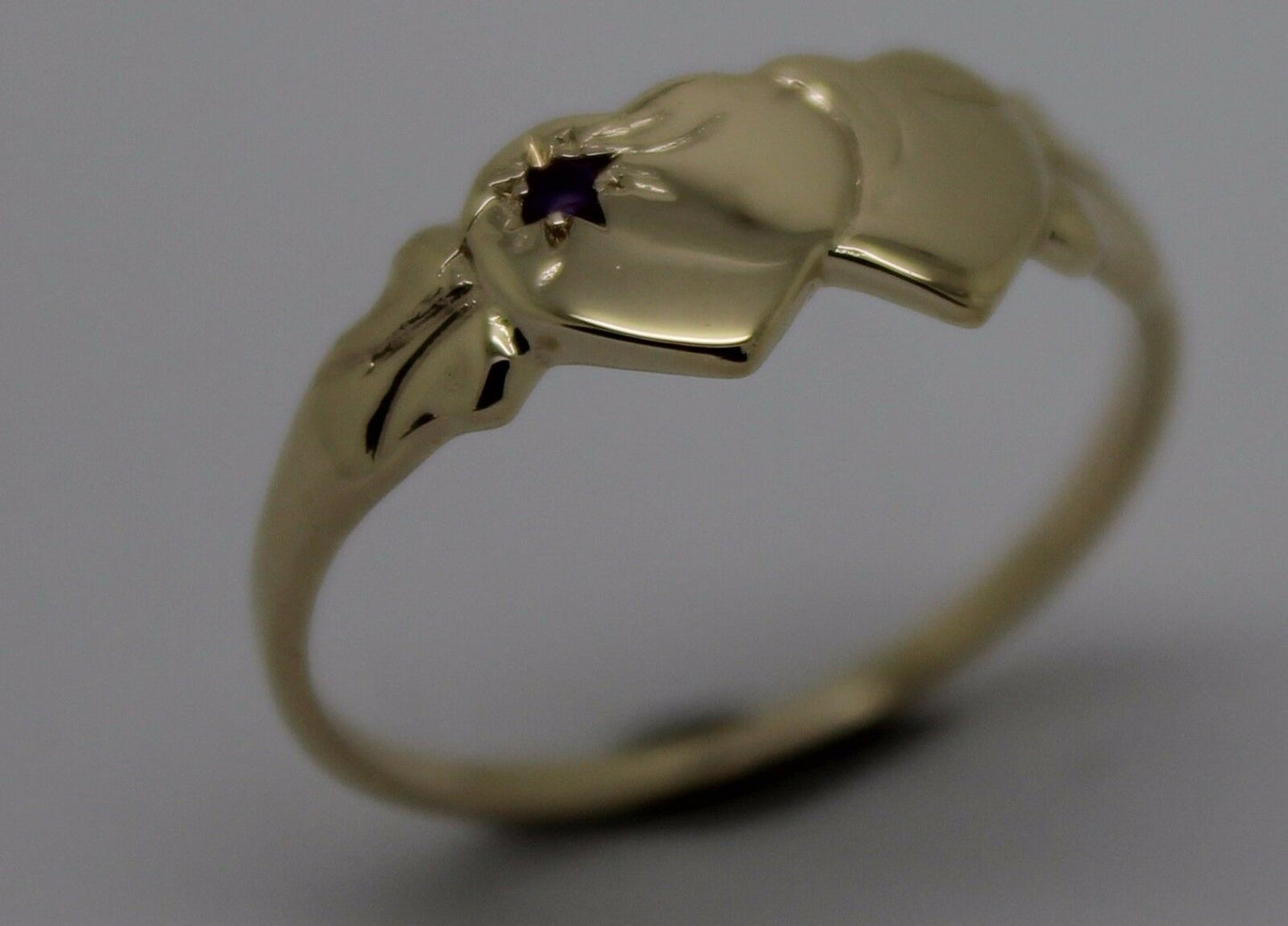Genuine 9ct Yellow Gold 375 Amethyst (Birthstone Of February) Double Heart Signet Ring