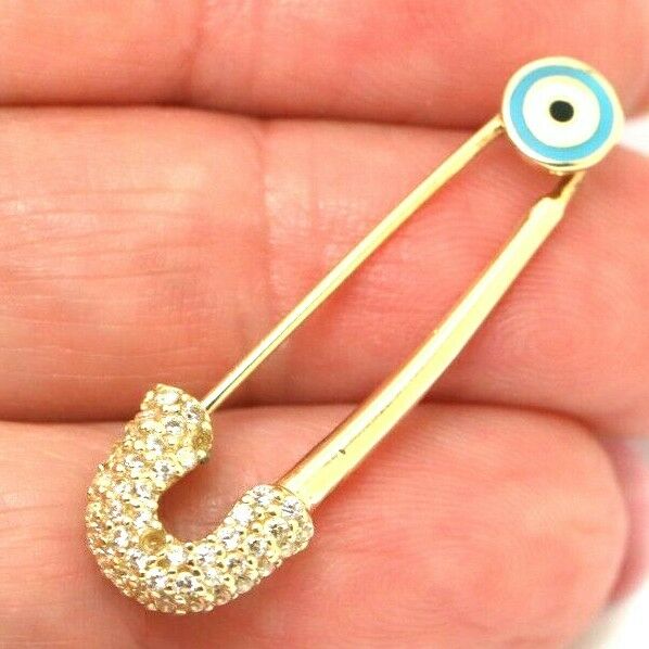 14ct Yellow Gold Baby Child's Kids Cubic Zirconia Brooch Evil Eye Mati