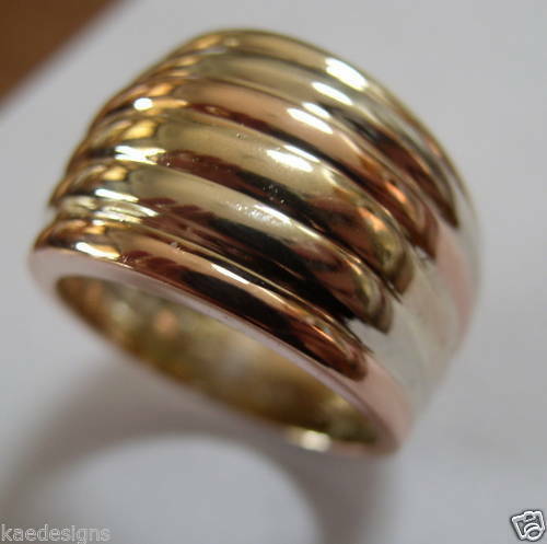 Size S Kaedesigns Genuine Heavy 9ct 9K Full Solid Three Tone Yellow, Rose, White Gold Dome Ring