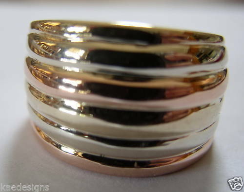 Size S Kaedesigns Genuine Heavy 9ct 9K Full Solid Three Tone Yellow, Rose, White Gold Dome Ring