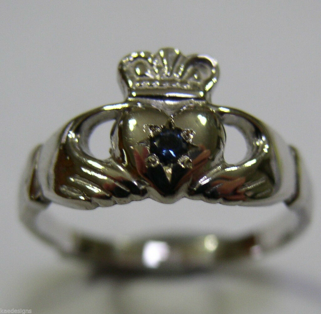 Size K 1/2 Genuine 9ct White Gold Australian Sapphire (Birthstone September) Claddagh Ring (