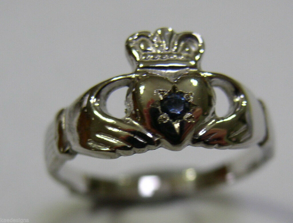 Size K 1/2 Genuine 9ct White Gold Australian Sapphire (Birthstone September) Claddagh Ring (