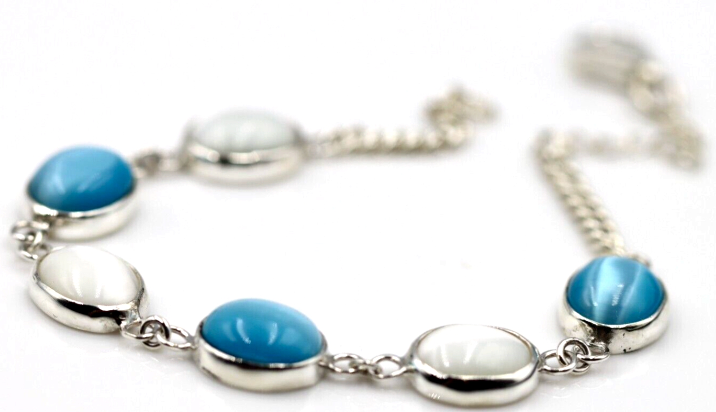Genuine Sterling Silver 925 Blue + White Cat's Eye Oval Bracelet