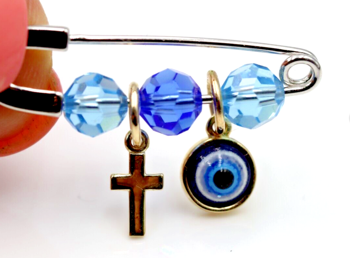 Genuine 9ct Yellow Gold + Sterling Silver Baby Mati & Cross Brooch Pin