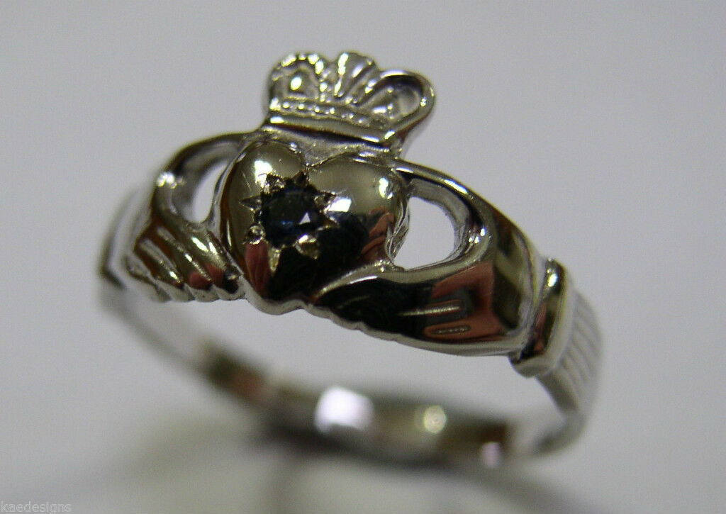 Size K 1/2 Genuine 9ct White Gold Australian Sapphire (Birthstone September) Claddagh Ring (