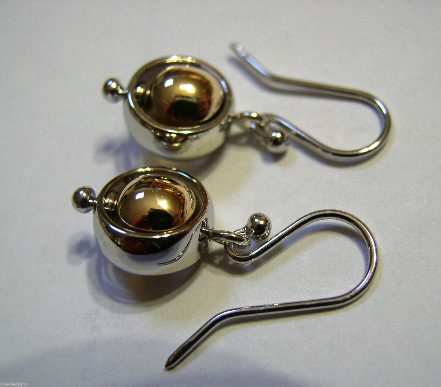 Genuine 9ct 9kt White & Yellow Gold Spinning Belcher Ball Drop Earrings