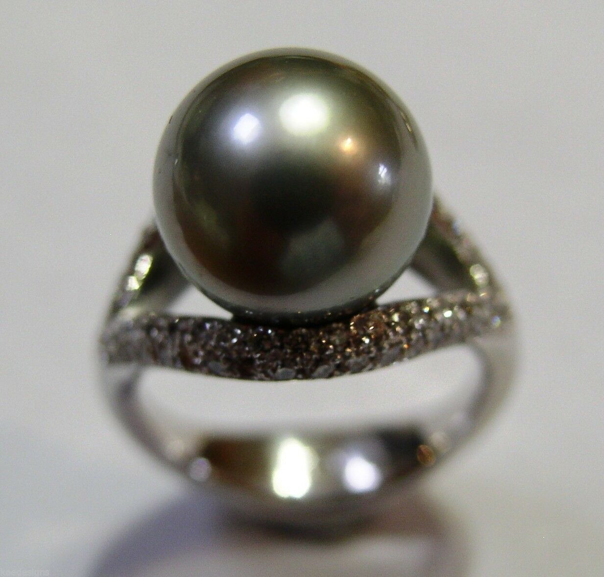 Size K Genuine 18ct 18K Solid White Gold 11mm Tahitian Pearl & Diamond Ring