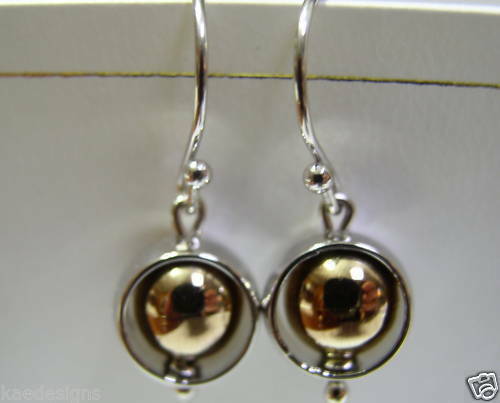 Genuine 9ct 9kt White & Yellow Gold Spinning Belcher Ball Drop Earrings