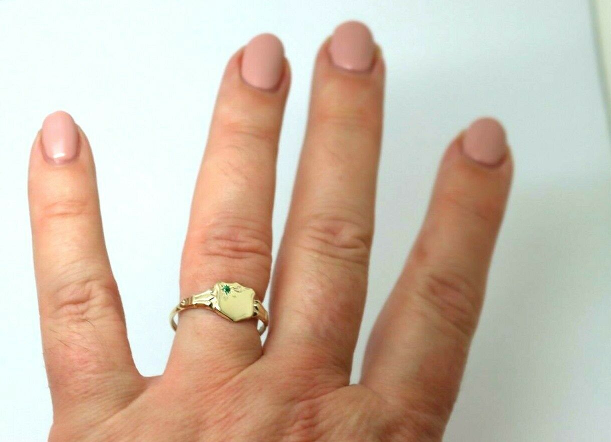 Genuine 9ct Small Yellow, Rose or White Gold Childs Emerald Shield Signet Ring - Choose your size