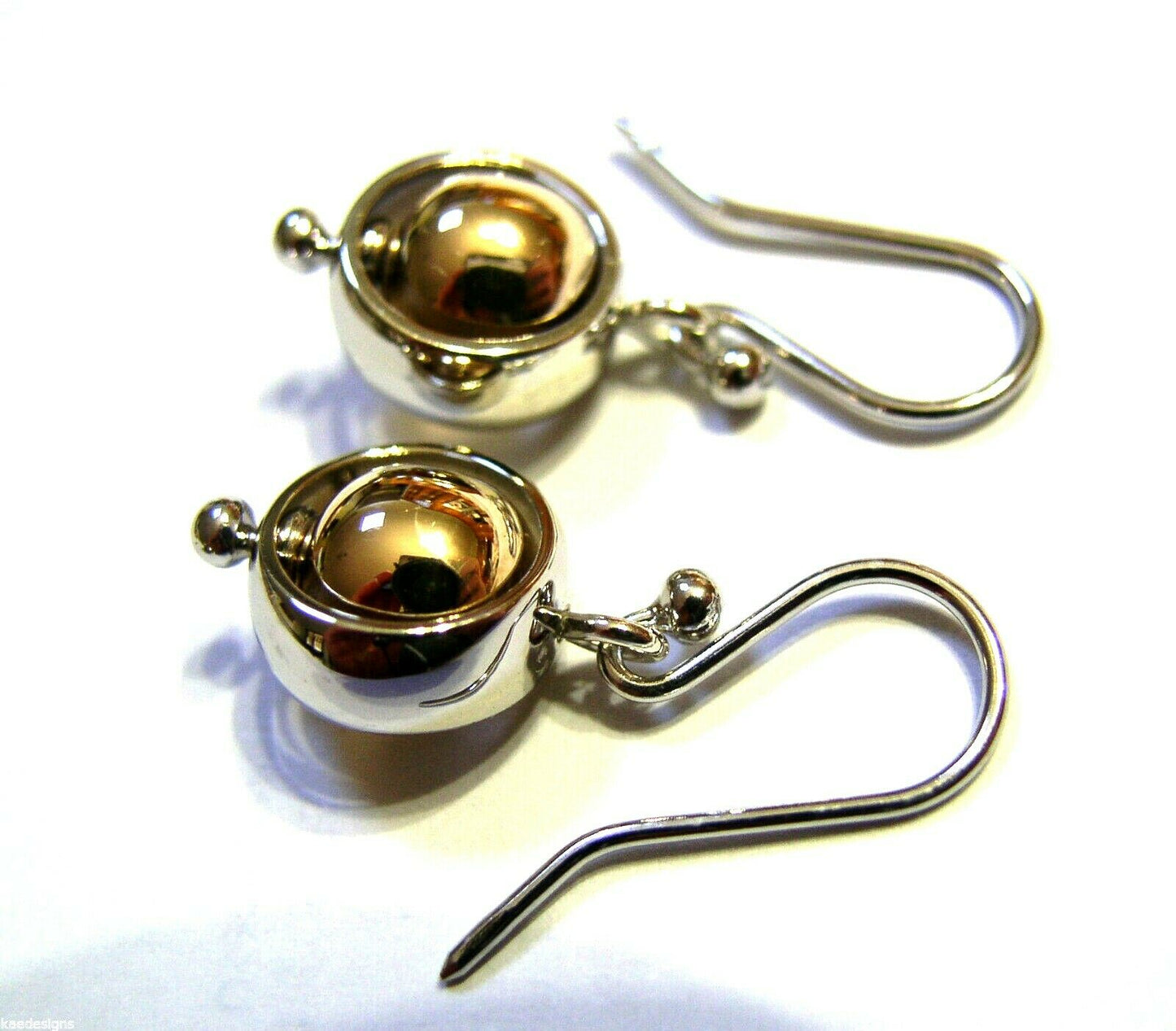 Genuine 9ct 9kt White & Yellow Gold Spinning Belcher Ball Drop Earrings