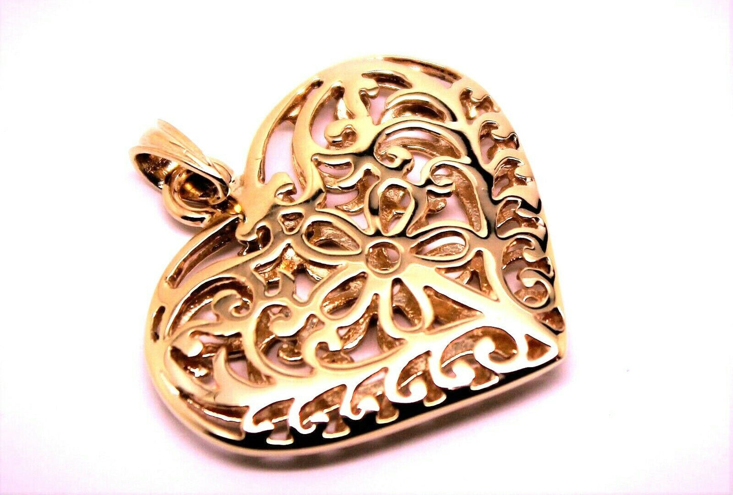 Kaedesigns Genuine 9ct Large Yellow, Rose or White Gold Filigree Flower Double Sided Heart Pendant