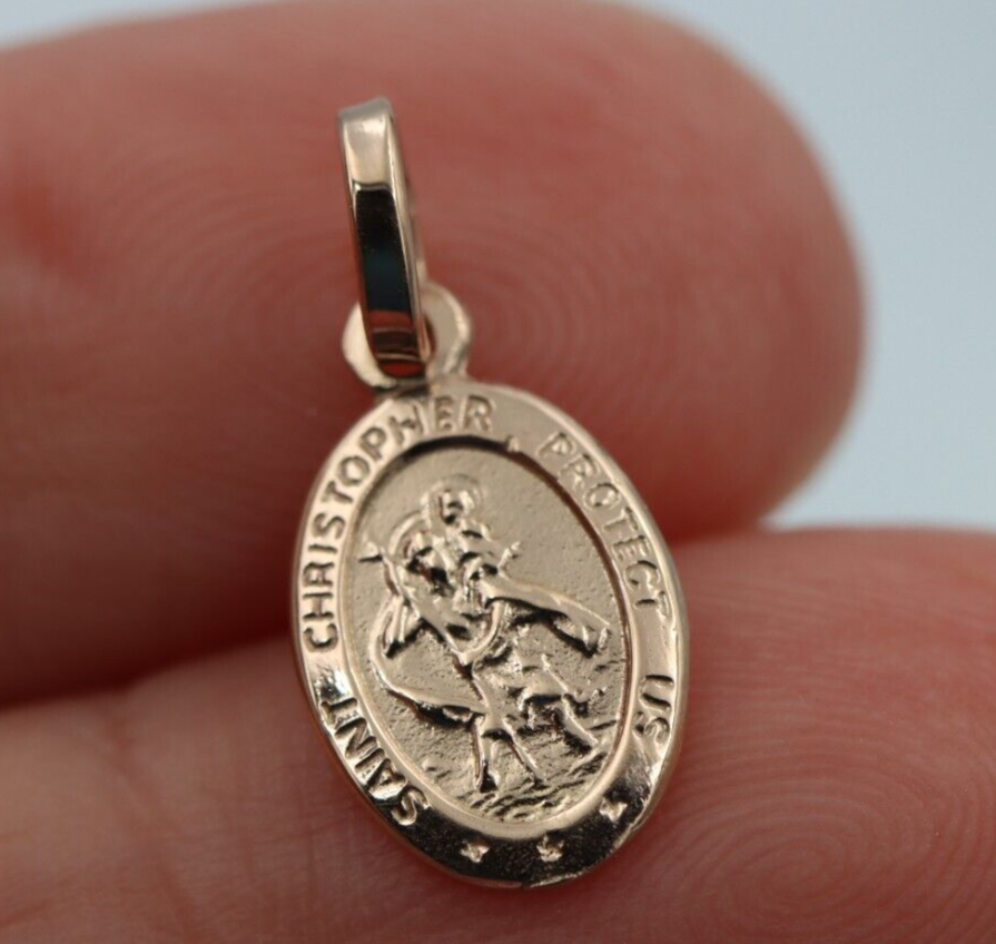Genuine 9ct Yellow or Rose Gold Small St Christopher Pendant or Charm Travel Saint