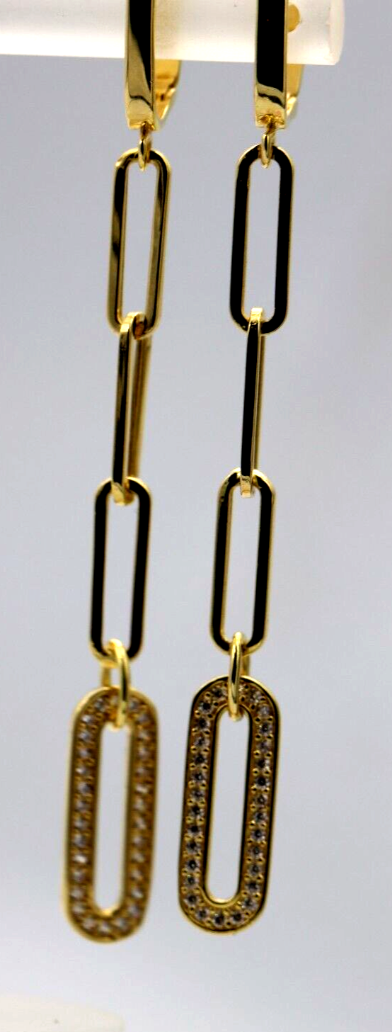 Genuine 14ct Yellow Gold Paper Clip Hook Cubic Zirconia Earrings - Last pair!