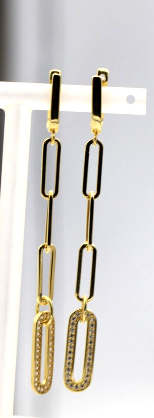 Genuine 14ct Yellow Gold Paper Clip Hook Cubic Zirconia Earrings - Last pair!