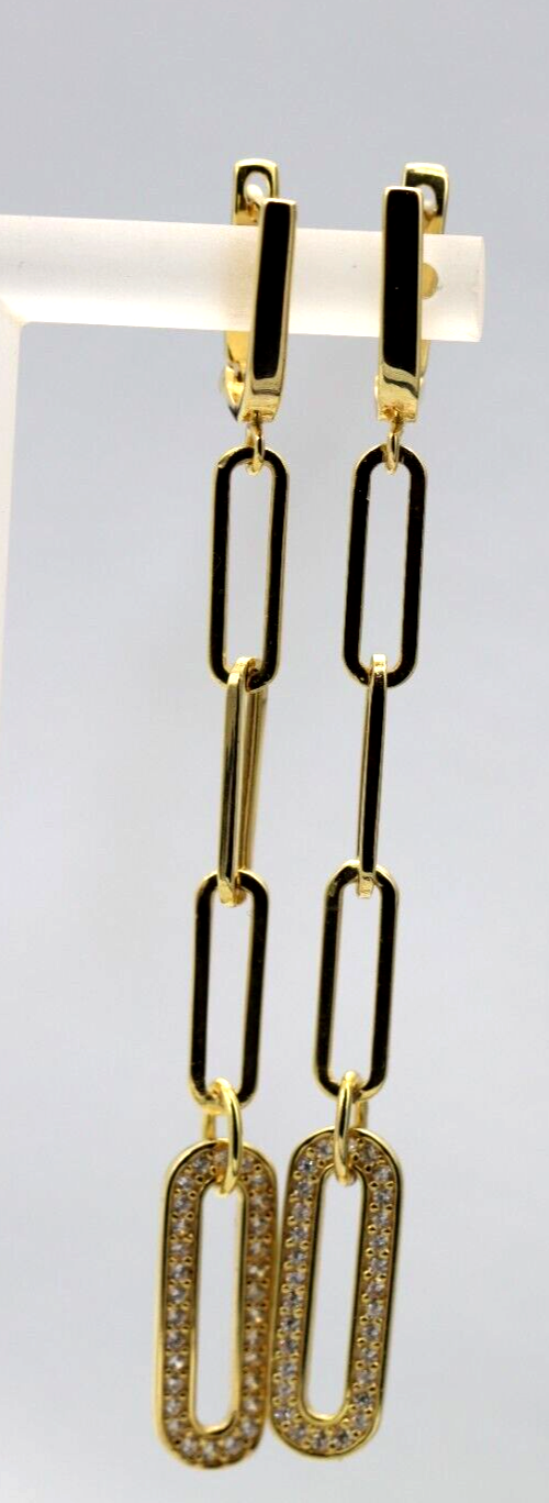 Genuine 14ct Yellow Gold Paper Clip Hook Cubic Zirconia Earrings - Last pair!
