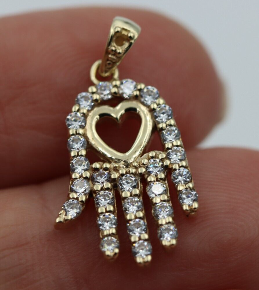 Genuine 9ct Yellow Gold Heart Hamsa Pendant with Cubic Zirconia /CZ
