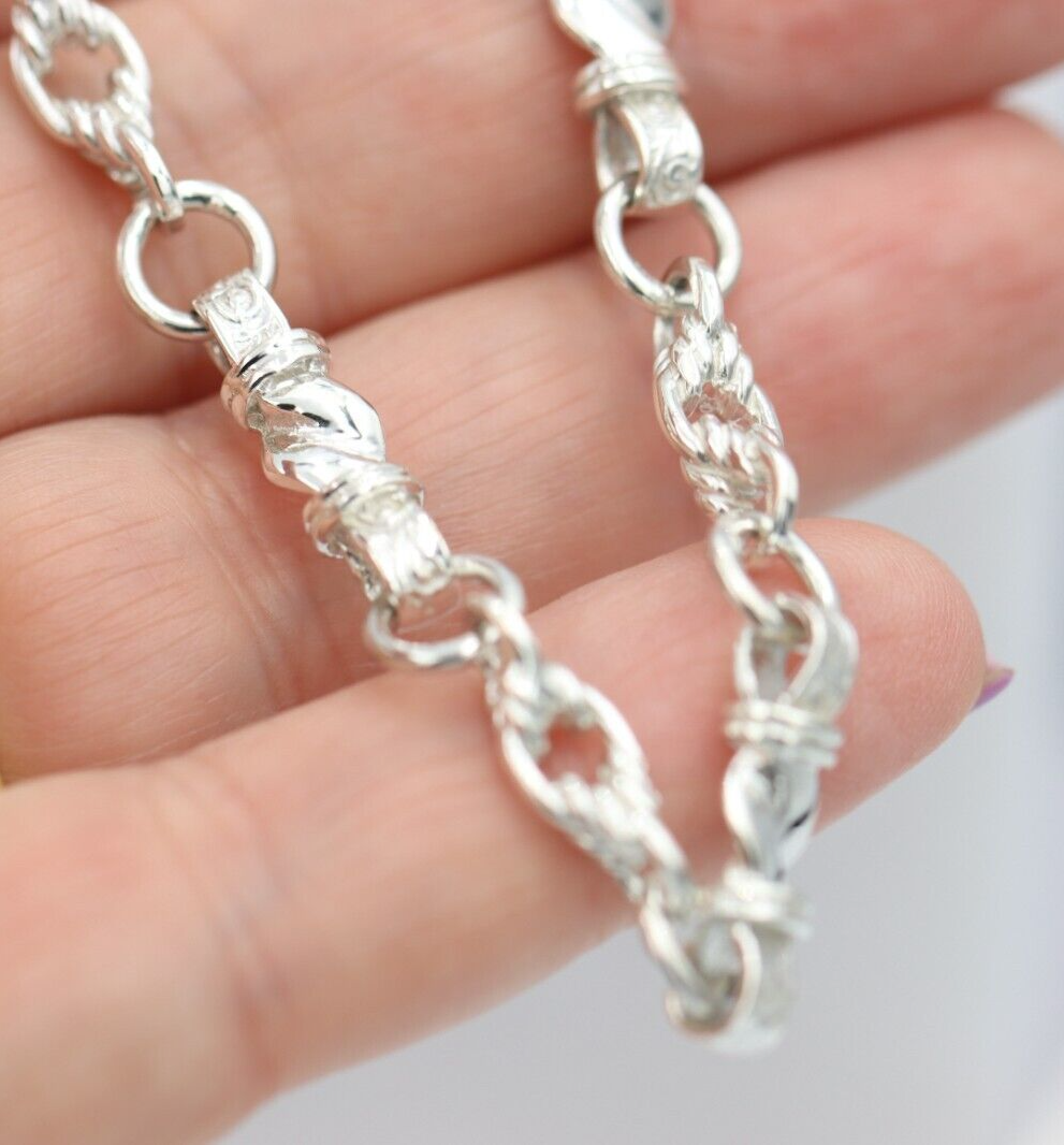 Heavy Genuine Sterling Silver Antique Fancy Links Chain Necklace