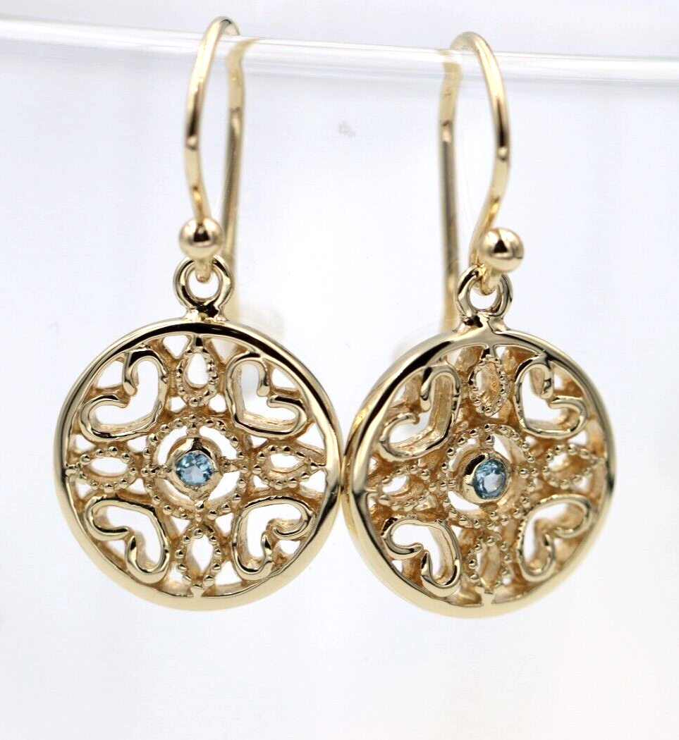 Genuine 9ct Yellow, Rose or White Gold Topaz Disc Heart Filigree Hook Earrings